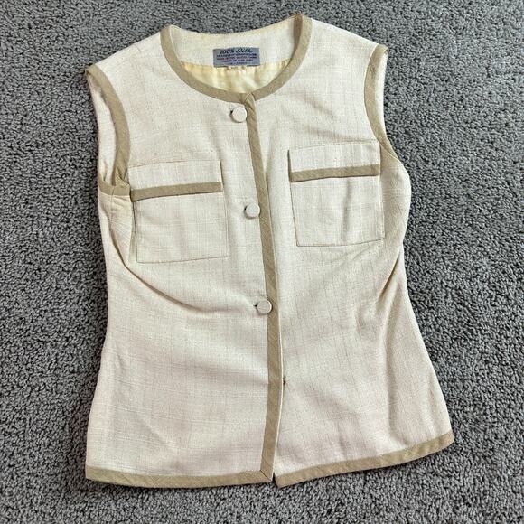VINTAGE 60s Moe Nathan Silk Vest Womens 8 Beige Button Front Sleeveless READ - Picture 2 of 13